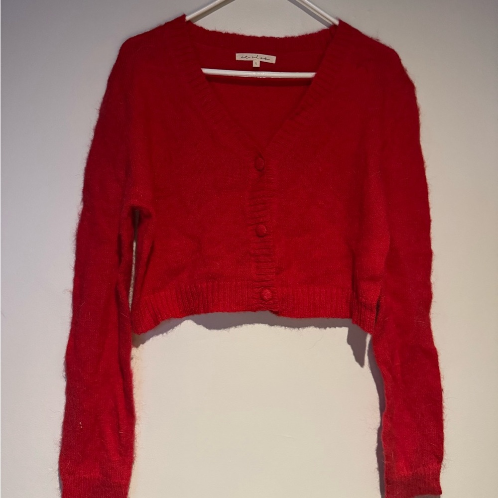 Cozy Red V-Neck Button Front Cropped Women's Sweater Cardigan